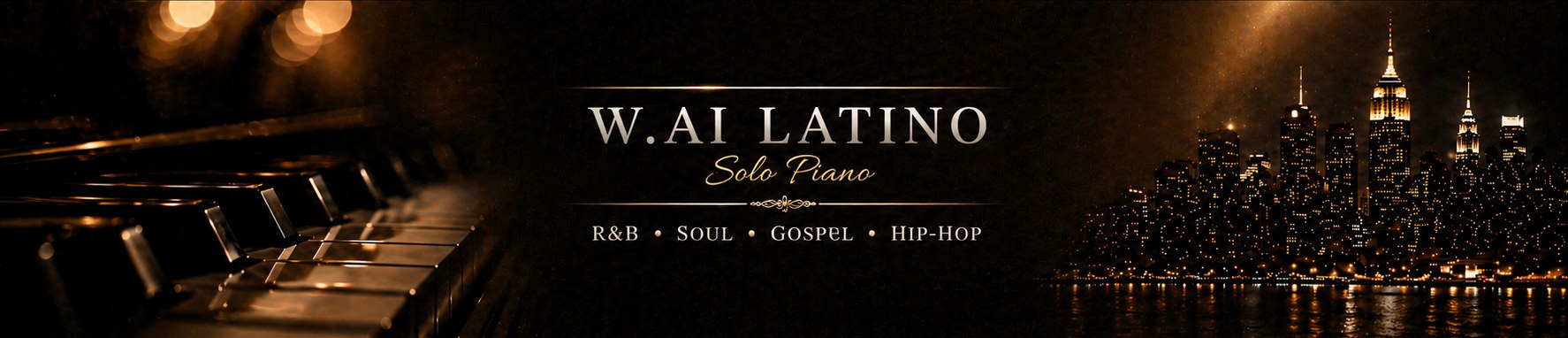 W.AI LATINO Solo Piano banner: piano keys in warm light beside a night city skyline. R&B, Soul, Gospel, Hip-Hop.